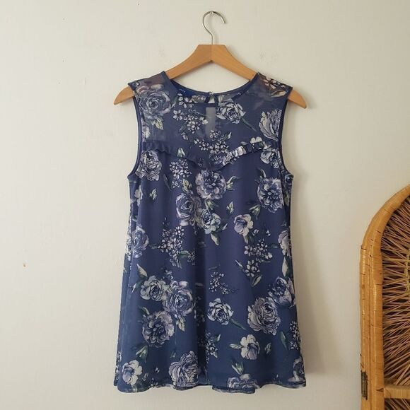 Apt. 9 Blue Floral Sleeveless Blouse Illusion Neckline Mesh Overlay S - Picture 1 of 5